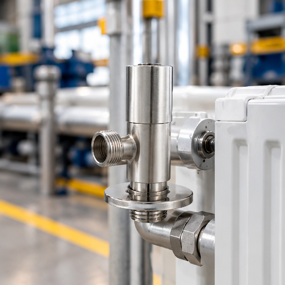 Industrial Radiator Valve installed on a factory radiator and connected to industrial heating pipes.