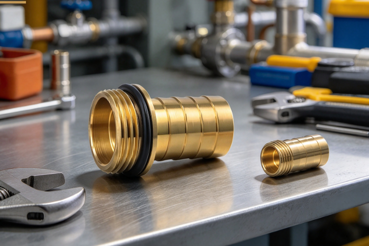 Actual size brass hose barb fitting beside small pipe wrench on clean industrial maintenance workbench.