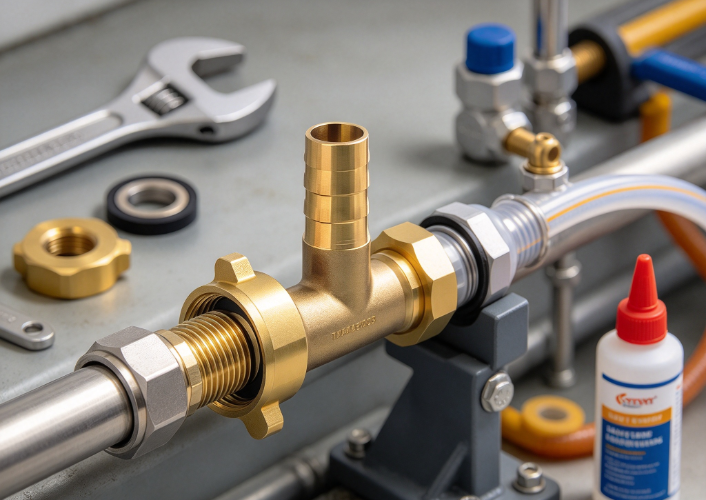Industrial brass L-fitting installed on horizontal test pipe with metal tube plastic hose wrench gasket and support bracket.