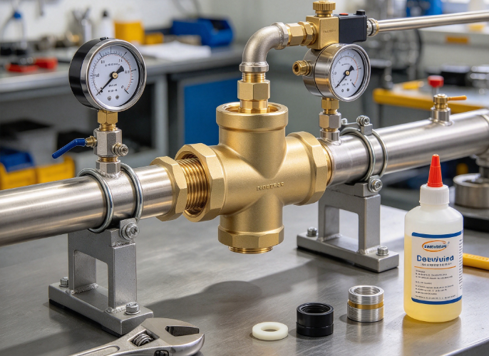 Industrial brass tee fitting installed on horizontal test pipe with gauge branch supports gasket wrench and leak check fluid.